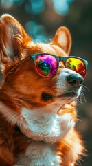 Wall Mural - A corgi dog wearing colorful sunglasses with a green background. Generative AI.