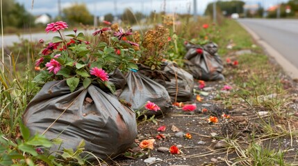 Canvas Print -   A few garbage bags lined up by the roadside One bag sported blooming flowers