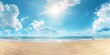 © SKIMP Art - Sunny summer background with a blue sky, white clouds and golden sand on the beach The sun shines brightly in front of you, creating an atmosphere of relaxation and vacation Generative AI