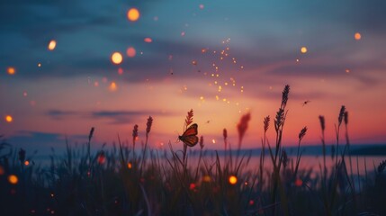 Sticker - A butterfly flies over a field of grass at sunset. Generative AI.