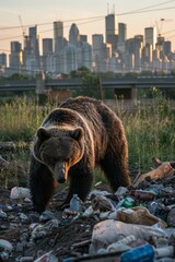 Canvas Print - A bear walking through a pile of trash in the city. Generative AI.