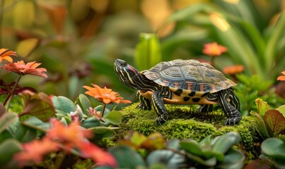 Poster - A turtle is standing on top of a moss covered plant. Generative AI.