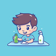 Cute young boy doing cleaning flat vector illustration