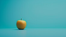   An Orange Sits Atop A Table Against A Blue Backdrop A Green Apple Rests In The Image's Center, Hovering Above The Orange