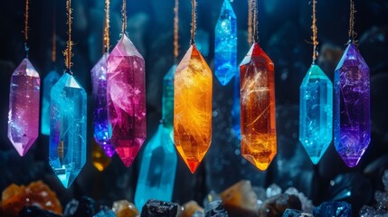 Wall Mural -   A collection of vibrantly colored crystals suspended from strings against a rocky, crystal-studded backdrop in darkness