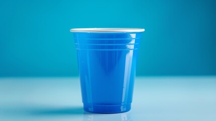 Poster -   A blue plastic cup sits atop a white table, adjacent to a light and a blue wall