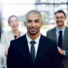 Canvas Print - Businessman, portrait and office with smile, celebration and success for promotion and collaboration. Man, applause and teamwork with happiness, praise and appreciation or employee recognition