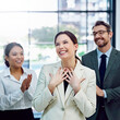 Applause, gratitude and business woman with team in office for good news, achievement or goal. Happy, pride and group of financial advisors clapping hands for confident female person in workplace.