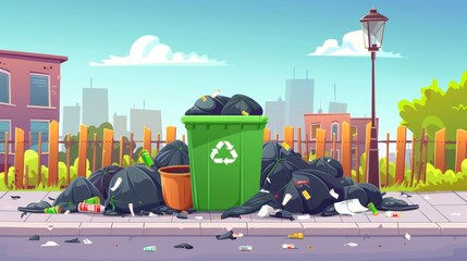 Full garbage bin and black plastic trash bags around. Overflowing recycling container with trash. Green recycle can. Street dump pollution, bin container pile, trashcan basket. Vector illustration