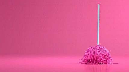 Wall Mural -   A pink mop rests atop a matching pink floor Nearby stands a white pole with a blue-handled brush