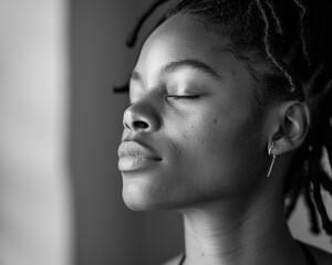 Wall Mural - A woman with dreadlocks and earrings looking up at the sky. Generative AI.