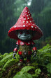 little robot gnome wearing a red hat with white polka dots walking in the woods