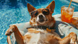 stylish dog in sunglasses near the pool on vacation with a cocktail