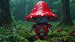 little robot gnome wearing a red hat with white polka dots walking in the woods