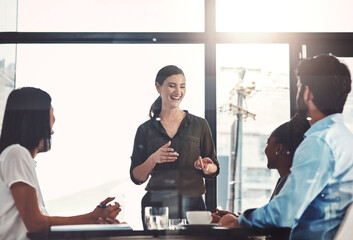 Poster - Business people, meeting and discussion in office with strategy, training and project management. Company, diversity and team with communication at work for brainstorming, kpi review and feedback