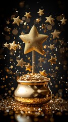 Poster - A golden pot with a star on top of it and gold stars falling from the sky, AI