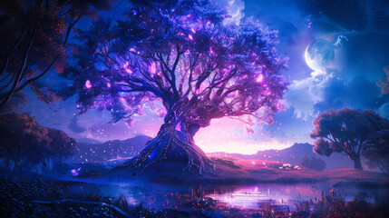 A magical tree of life with glowing leaves standing on the edge of an enchanted lake