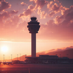 Air traffic control tower at sunset with dramatic clouds and warm, glowing light.