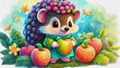 oil painting style CARTOON CHARACTER CUTE baby Happy hedgehog with apples isolated on white background Closeup,