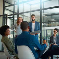 Leinwandbilder - Business people, presentation or laptop in startup for teamwork in meeting, funny conversation or discussion. Teaching, joke or happy designers in office for collaboration, development or technology