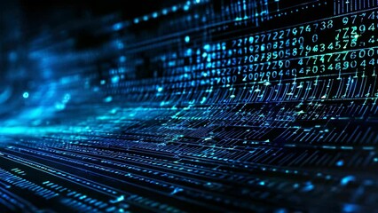 Blue digital binary code on a dark background. 3d illustration, Digital background with blue binary code and AI algorithms against a black background