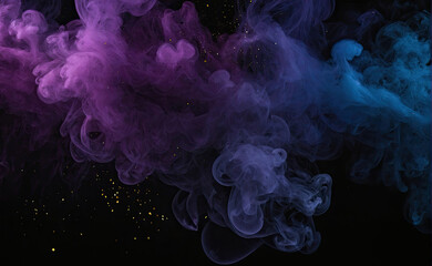 Wall Mural - A Colorful smoke fog clouds with shiny dust sparkles of glitter on a black background