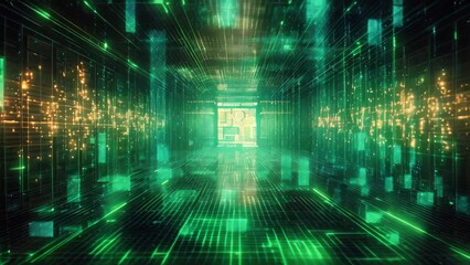 abstract cyberspace technology background,3d render and illustration, Digital binary code and AI algorithms running in the background, presented in a modern server way