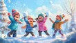Children, bundled up in colorful winter gear, engage in a spirited snowball fight, their laughter echoing through the frosty air in cartoon concept