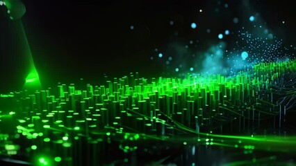 Abstract technology background with binary code. 3D illustration. Network concept, Modern technology wallpaper featuring blue and green binary sound waves on a black background