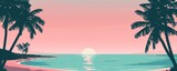 Fototapeta  - Flat design illustration of a beach with palm trees, a pink sky and a turquoise sea Generative AI