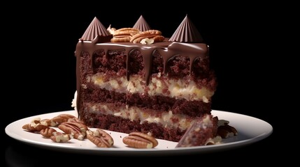 Wall Mural - Chocolate cake with pecans and nuts on a wooden table