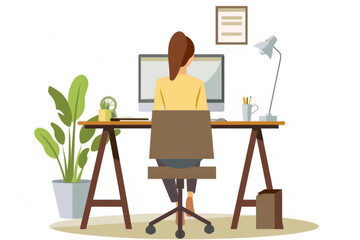 A female freelancer works at home on a computer. The concept of remote freelance work. Online study, education. A flat vector.