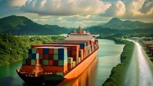 Aerial View Of Container Ship In The Sea With Mountains Background, Container Ship Passing Through The Panama Canal