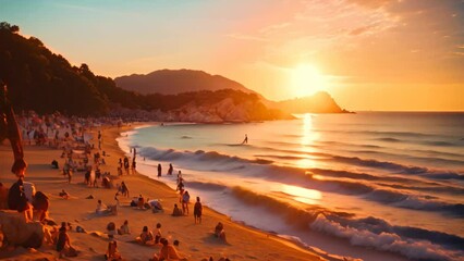 Wall Mural - Sunset on the beach of Cala Figuera in Ibiza, Spain, Kaputas beach, People enjoy the sun and sea at the beautiful turquoise sea and sandy beach of Kaputa, Sunset over the sea in the