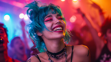 Wall Mural - Young woman with blue hair dancing at a party