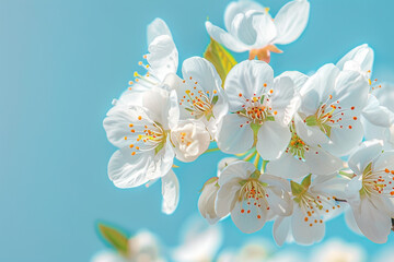  A cluster of delicate cherry blossoms against a clear blue sky, creating a serene atmosphere.