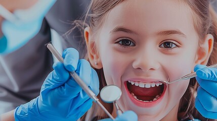 A young girl is having her teeth inspected by a dentist