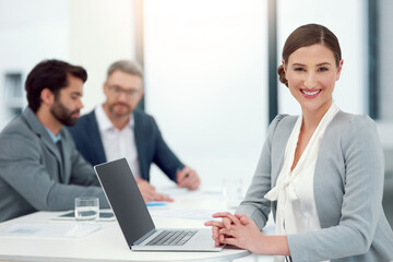 Canvas Print - Happy woman, portrait and laptop in office for project management, startup and teamwork. Businessmen, female person and smile in workplace for international company, partnership and collaboration