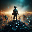 A child stands on a pile of garbage at a robot dump
