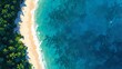 Tropical seascape in aerial perspective. Deep blue ocean at sunny day, tropical lagoon. Sand beach and blue wavy sea on painting. AI generated illustration