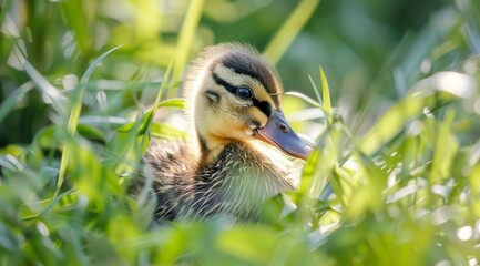 Canvas Print - Adorable duckling in lush green foliage