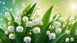 Blossoming lily of the valley in spring forest. Lily-of-the-valley. Convallaria majalis.Spring floral background. Generative AI