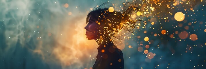 Wall Mural - woman with her hair blowing in the wind with rain falling down on her head and a background of boke of lights