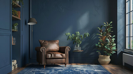 Wall Mural - Dark blue room with an armchair, window and indoor plants