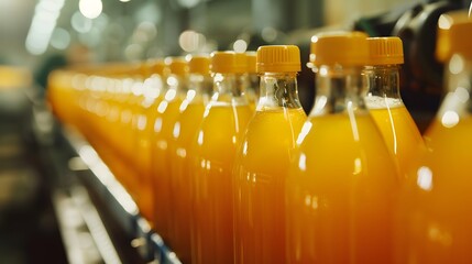 Wall Mural - Line of bottling of orange fruit juice bottles on clean light factory with closeup view on the sweet drink bottle
