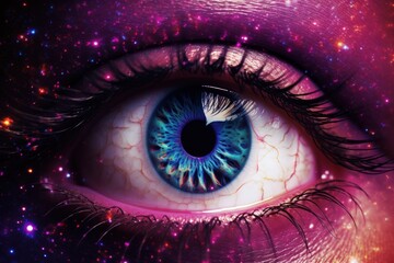 Wall Mural - Macro beauty A captivating illustration capturing the essence of a woman's eye in a cosmic display, where the intricacies of iris and eyelashes create a mesmerizing blend of color and design