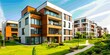 © inspiretta - a painting of a row of multi - story buildings in a park area with a pathway leading to the building