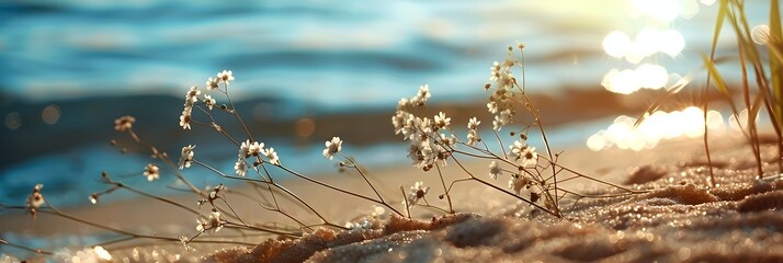 Wall Mural - a close up of a plant with water in the background and a beach in the background with a sunbeam