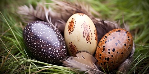 Wall Mural - Decorative Easter eggs with feathers in grass