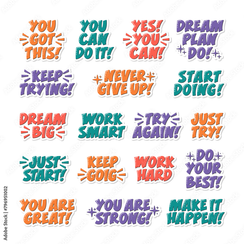 Image vectorielle Stock Motivational Quotes Sticker Set. Inspirational Short  Phrases Collection. Try Again, Never Give Up, Do Your Best, Start Doing,  You Are Great, Yes You Can, Work Hard Handwritten Slogans. |